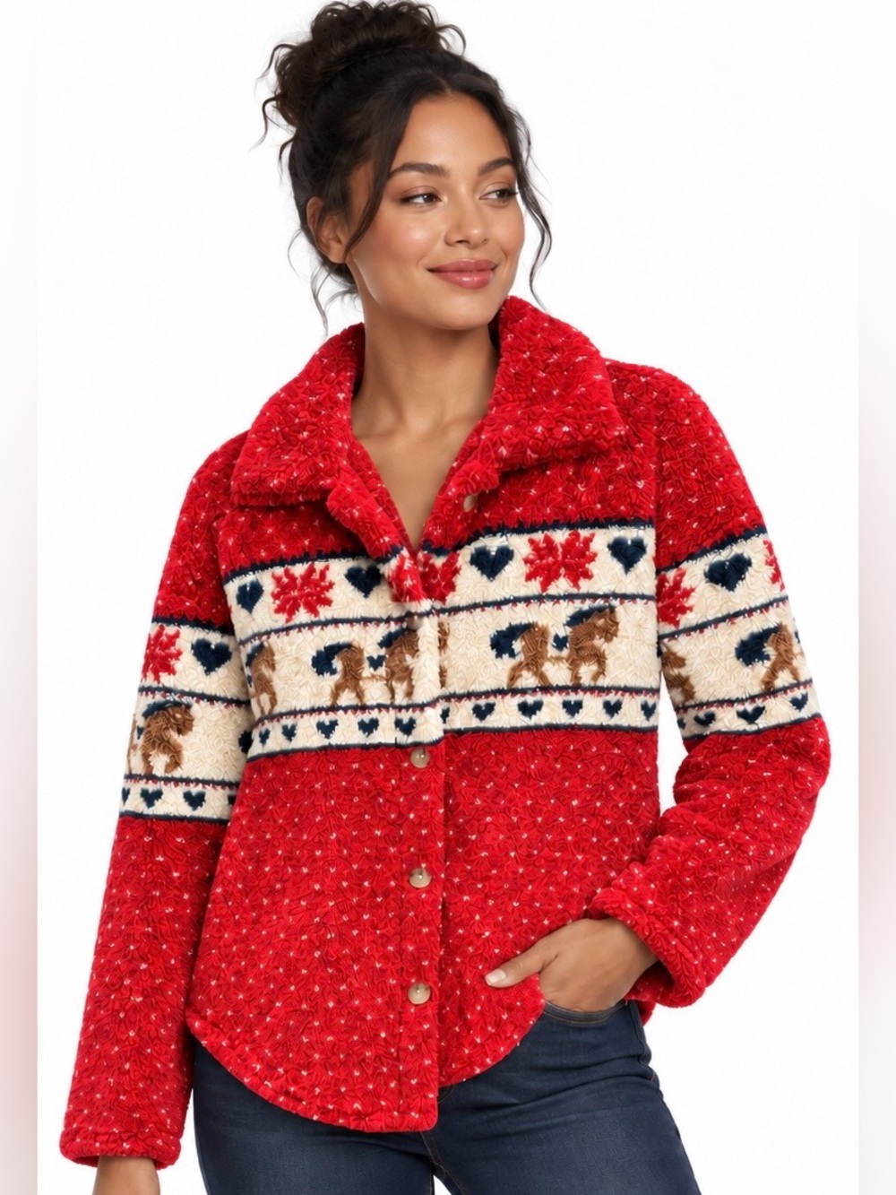 Women's Red Fair Isle Teddy Button-Front Shacket